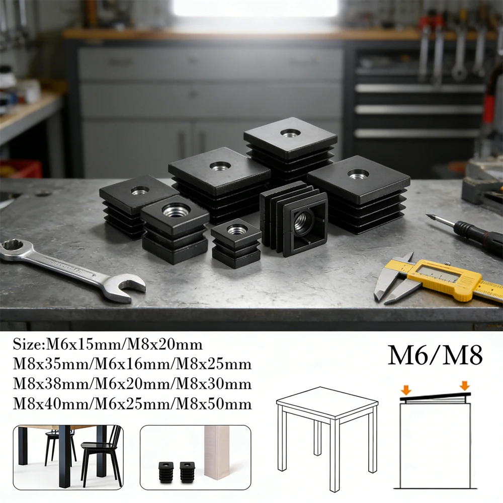 4pcs Furniture Leg Caps & Pipe Plugs , M6 M8 Plastic Square Plugs with Nut Hole for Leveling & Tube Sealing, Easy Install