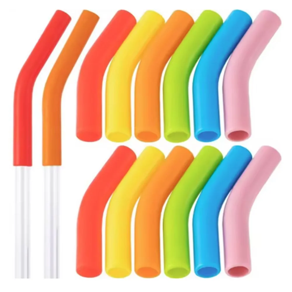 12pcs Cup Accessories 8MM Metal Straws Tips Cover Curved Reusable Straw Topper Silicone Straw Cover Drinking