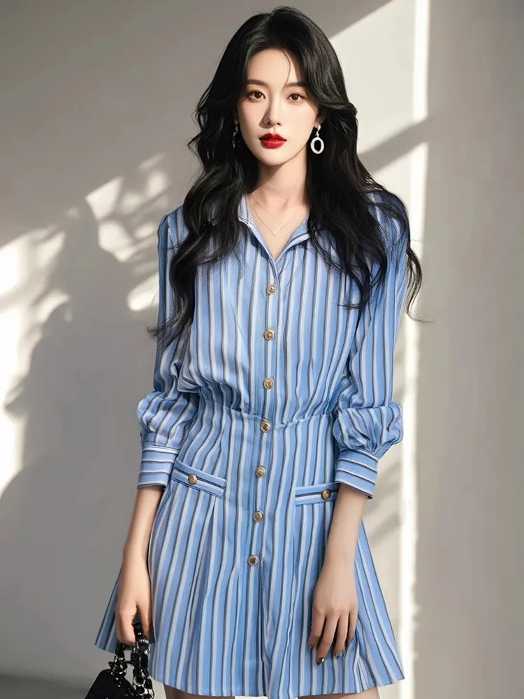 Novo azul listrado vestidos elegantes feminino verão polo manga longa único breasted magro a linha vestido curto senhora do escritório camisa vestido
