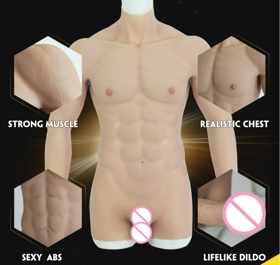 Tgirl Men’s Muscle Suit with Penis for Cosplay Macho False Chest Costumes Bodysuit with Artificial Arms FTM Transgender Shemale