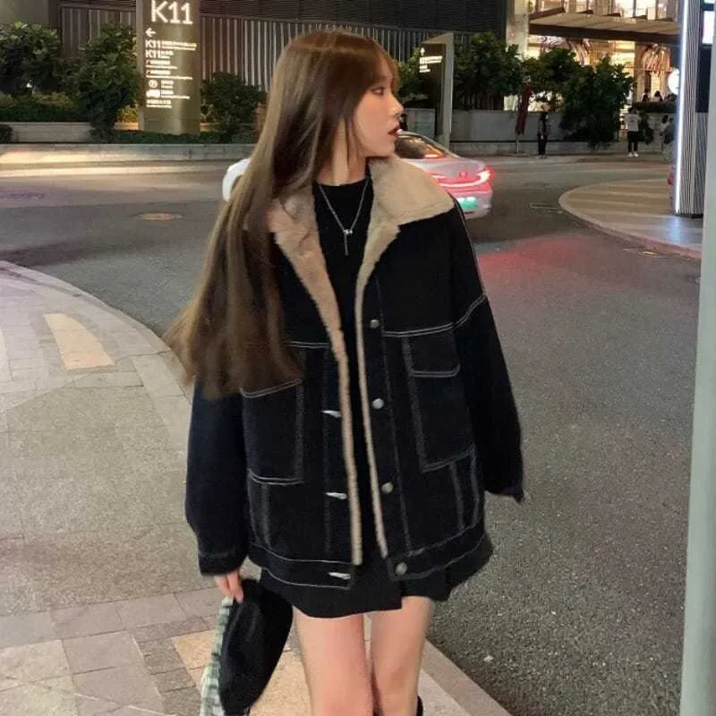 Korean Fashion Winter Women Coat Thick Warm Velvet Wool Casual Jacket Furry Padded Loose Cotton Padded Double Sided Lamb Outwear