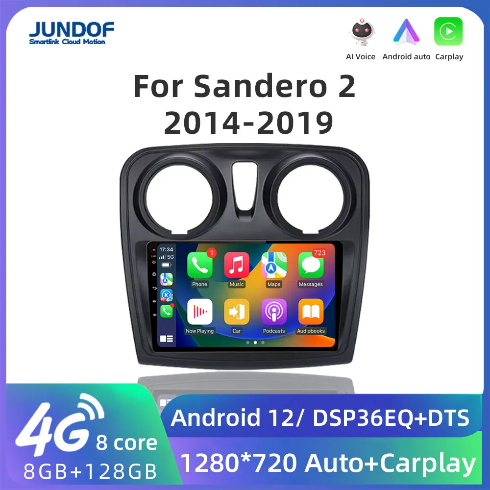 Jundof AI Voice Wireless CarPlay Android Auto Radio for Renault Logan 2 Sandero 2014-2019 4G Car Multimedia GPS 2din