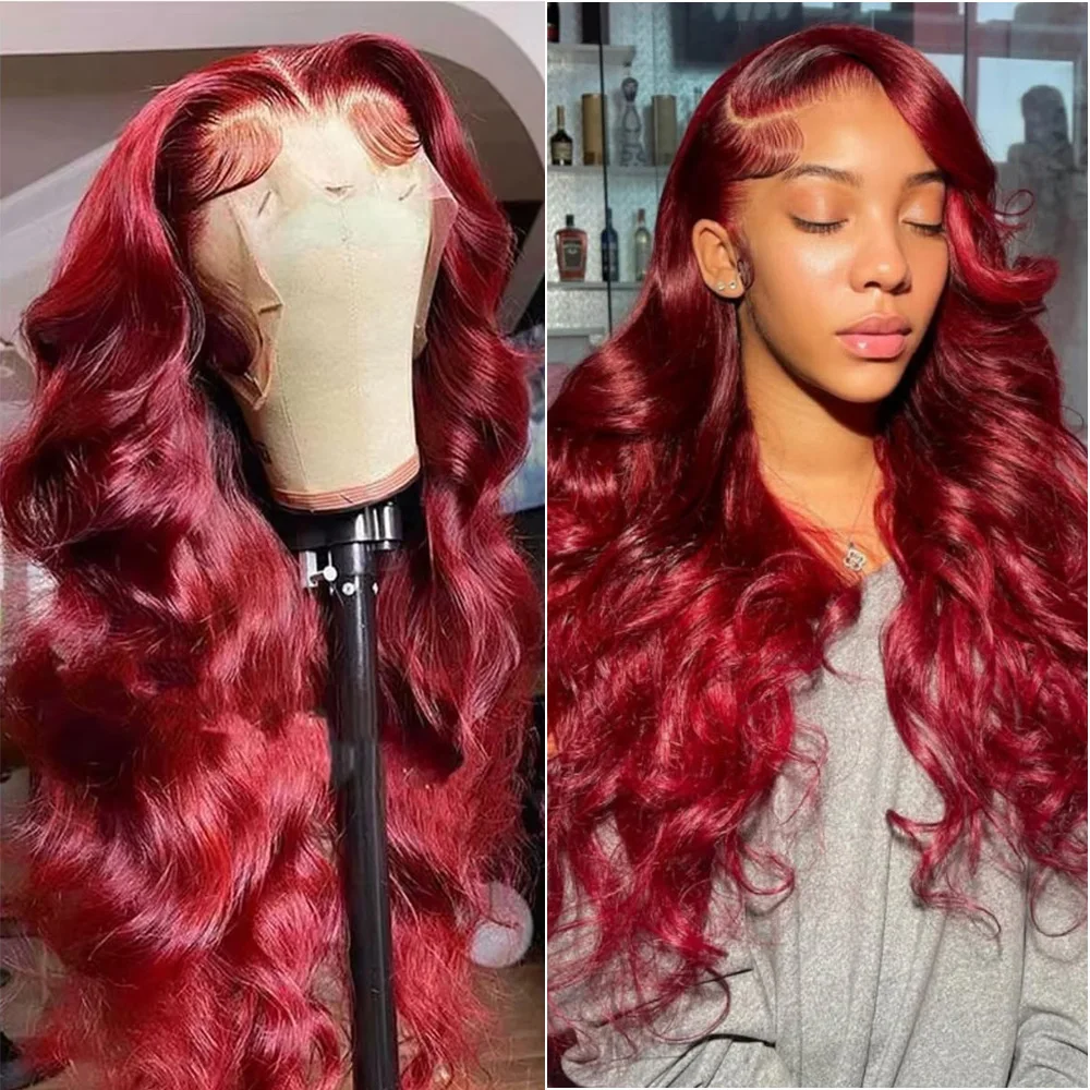 

Бордовый 13x6 13x4 Парики из 100% человеческих волос на кружеве спереди Длинные 30 40 дюймов 99J Цветные парики фронтальной части шнурка Предварительно выщипанные для женщин