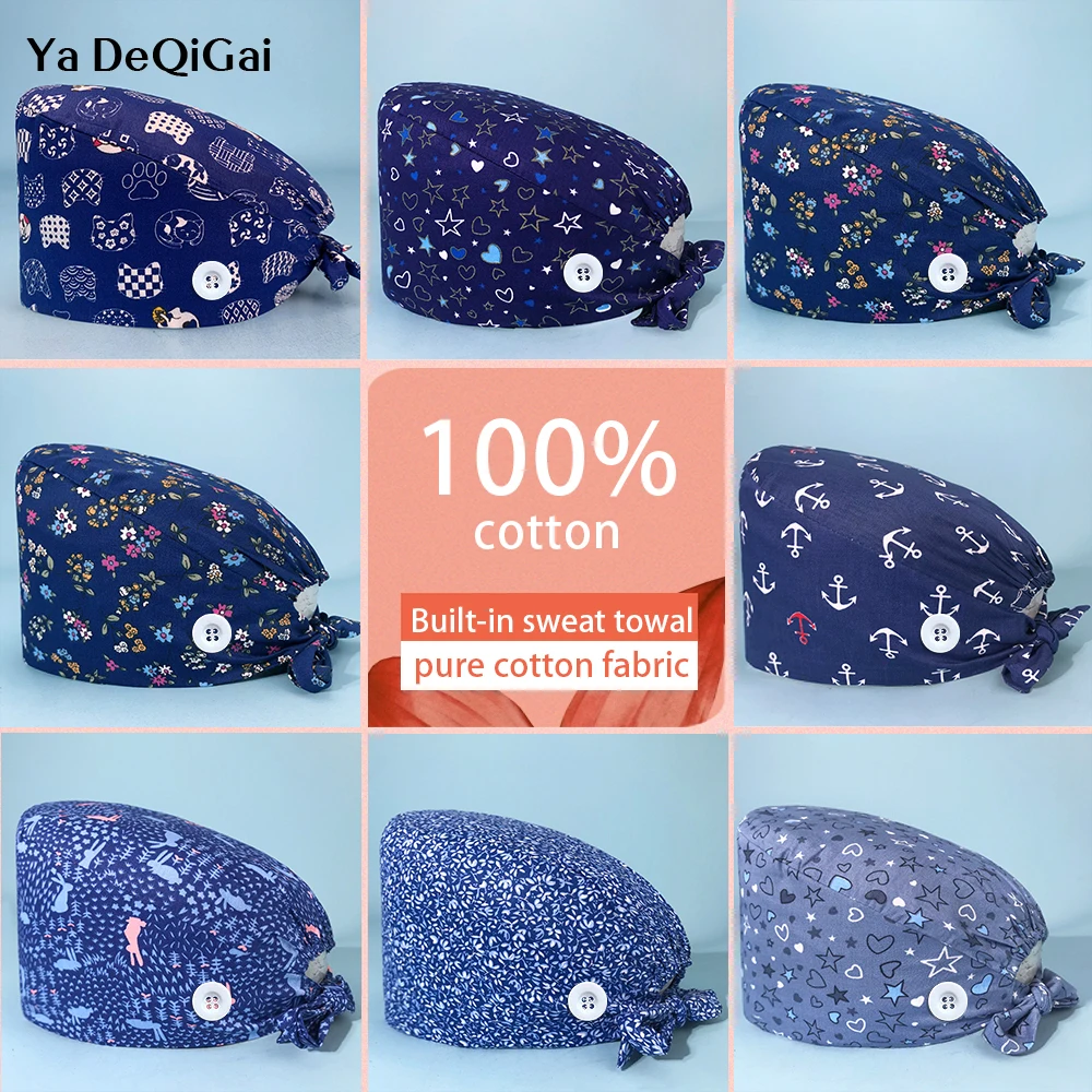 

Cotton Printing Beautician Hat Lab Work Cap Pet Beauty Salon Scrub Cap Dentist Clinic Surgery Cap Unisex Breathable Nursing Hats