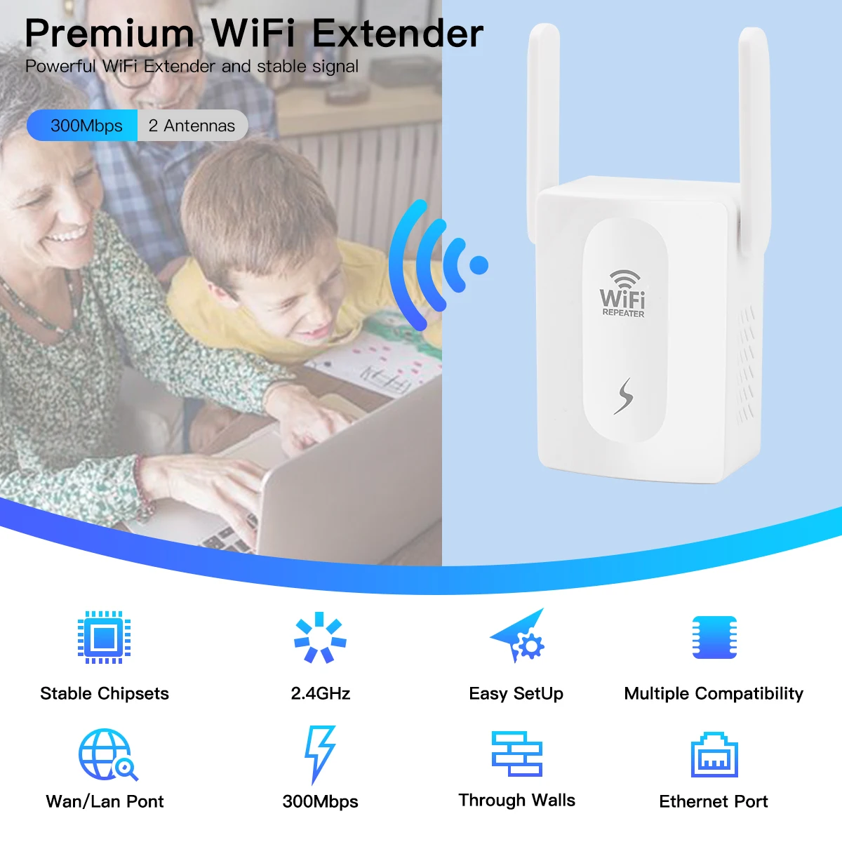 300M WiFi Repeater Wireless Booster 2.4GHz 802.11n Signal Booster Long Range Amplifier For Home/Office US Plug Easy Set