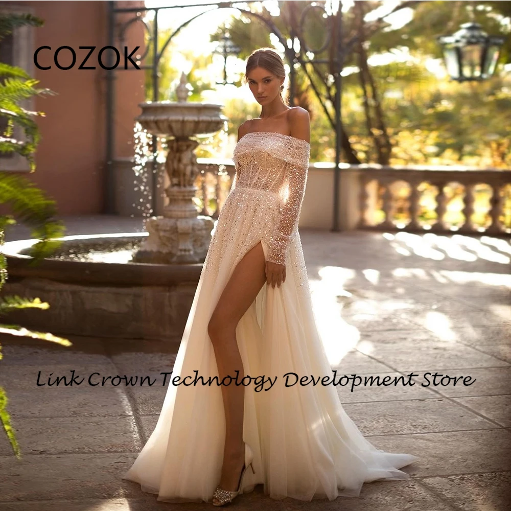 

COZOK Ivory Wedding Dresses for Women Full Sleeve Sequiend Bridal Gowns 2024 Side Slit Sexy Vestidos De Novia Soft Tulle New