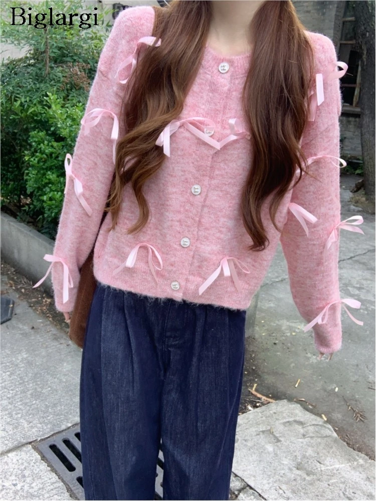 Gestrickte Rosa Herbst Pullover Frauen Bogen Mode Süße Damen Abgeschnitten Strickjacken Langarm Koreanischen Stil Frau Pullover Tops