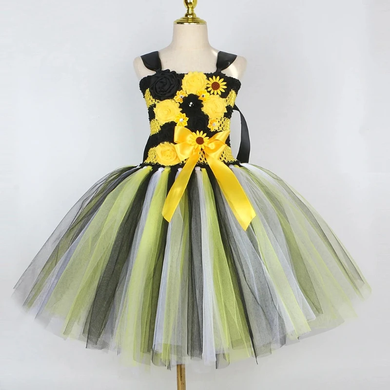 Yellow Black Bee Cosplay Dress Sleeveless Floral Bodice Colorful Tulle Skirt, Wings Headband Wand for Halloween Theme Party Wear