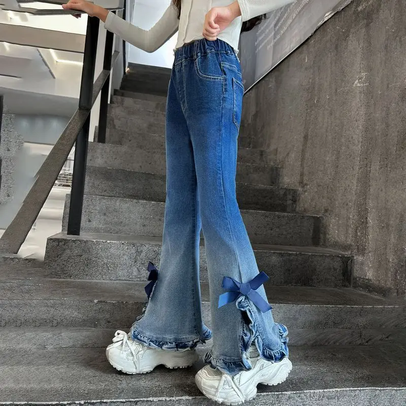

Girls Denim Pant Spring and Autumn Versatile Flared Jeans 2026 New Fashionable and Versatile Bow Pants