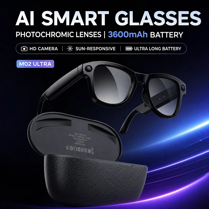 AI Smart Glasses Men With Camera Video Translator Voice Assisatant Headphones Photochromic Sunglasses Charging Case Eyeglasses