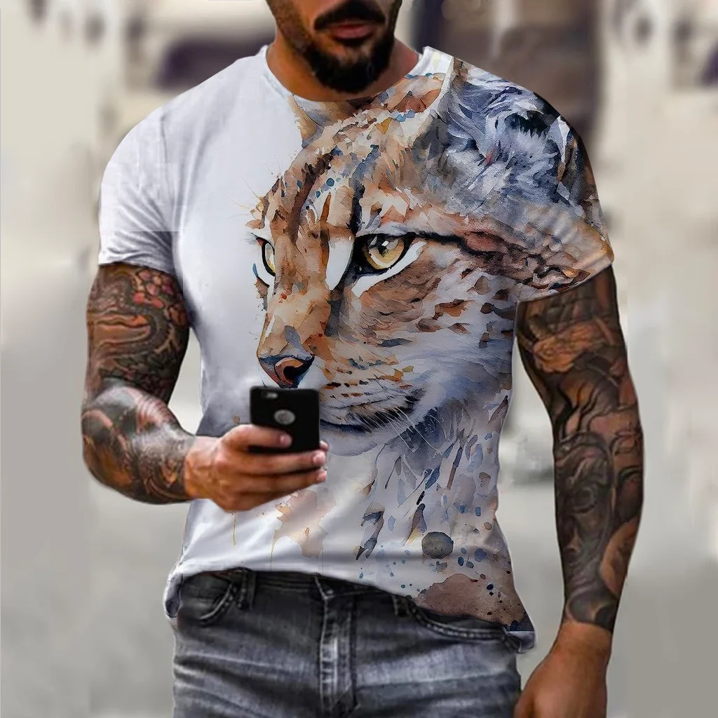 2024 summer new men\'s summer men\'s casual t-shirt 3d printed lynx bobcat print unisex short-sleeved fashion trend home wear