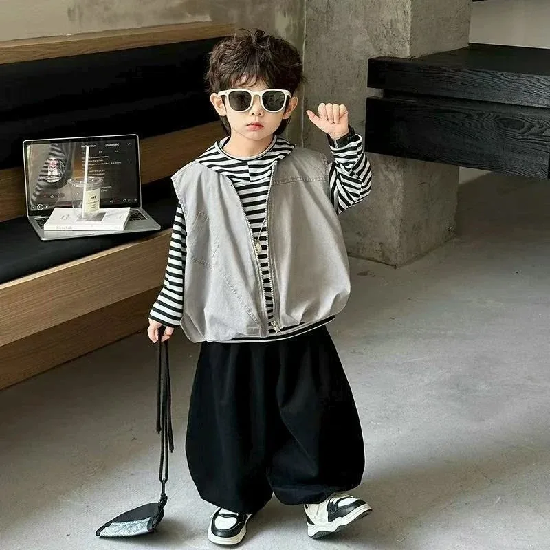 Korean Style Boys' Three-Piece Set Simple Base Layer Vest Long Pants Cool And Handsome Spring Autumn New Arrival for Kids 6