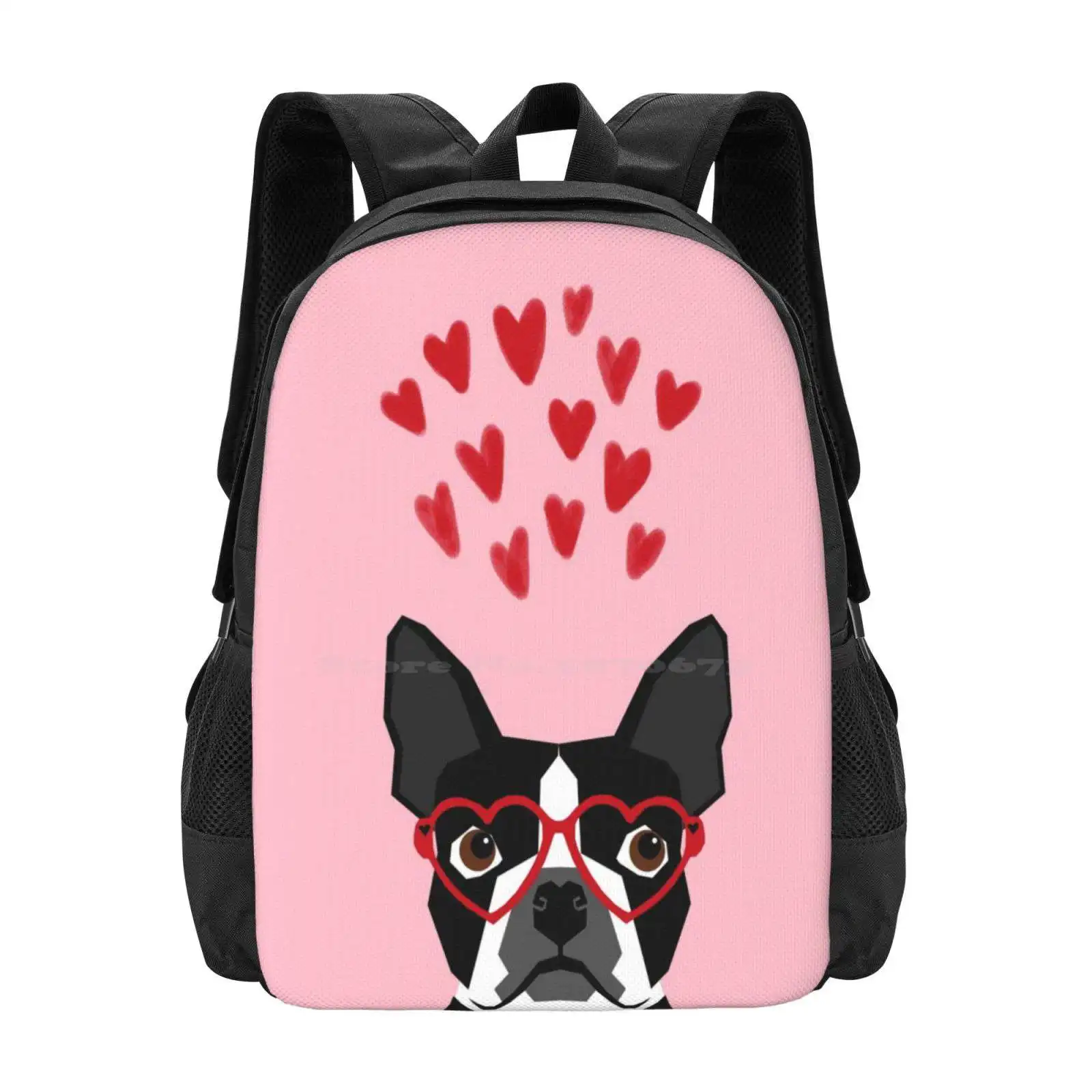 Boston Terrier Head Love Hearts Valentines Day Dog Breed Must Have Gifts Hot Sale Schoolbag Backpack Fashion Bags Dog Head Love