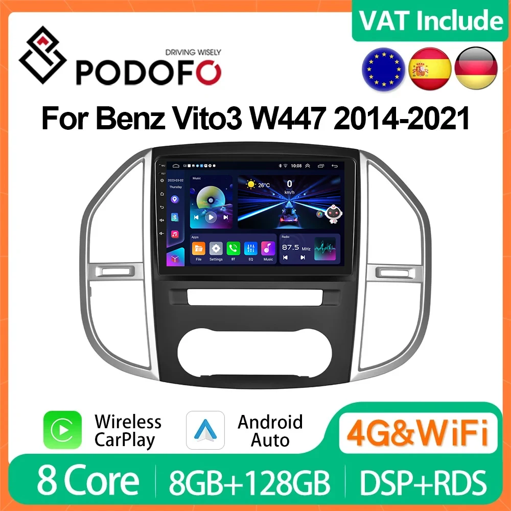 Podofo 4G CarPlay Android Car Radio For Mercedes Benz Vito 3 W447 2014-2021 Multimedia Player GPS Navigation 2din DSP Head Unit