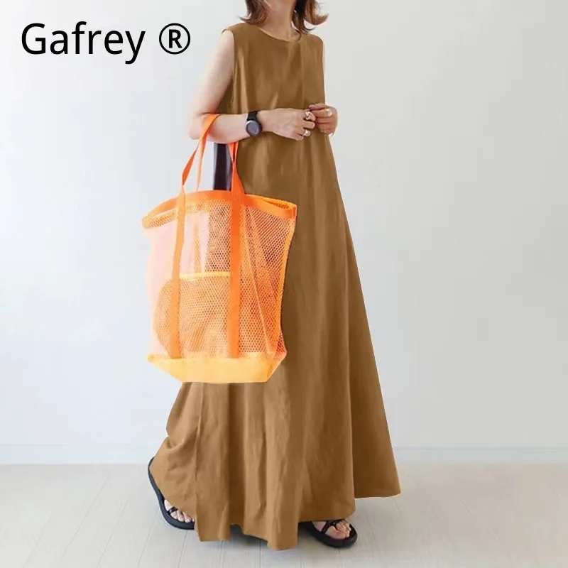 

Женское льняное хлопковое платье А-силуэта больших размеров, однотонное, без рукавов, свободного кроя, макси, повседневное, летнее, пляжное.