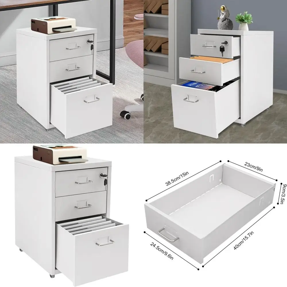

Metal 3-Drawer Locking File Cabinet on Wheels, White Mobile Office Storage Organizer