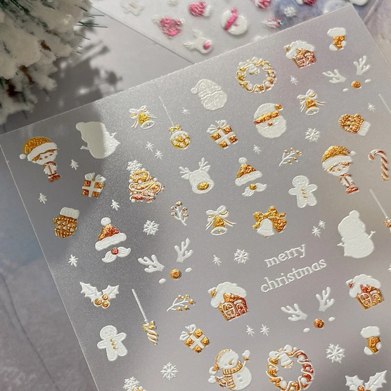 Autocollant de noël pour Nail Art, 1 pièce, feuille de lumière des étoiles en relief, dessin animé mignon bonhomme de neige, cloches d'arbre de noël, autocollants décoratifs multicolores