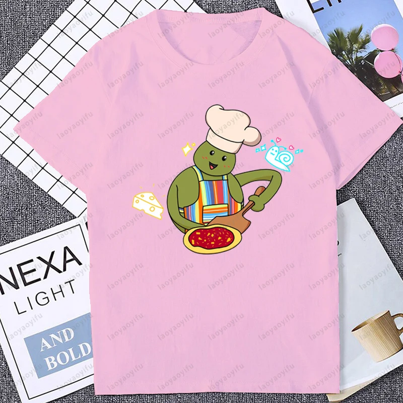 لطيف الفكاهة صغيرة الشيف البيتزا ميمي الجرافيك تي شيرت مطبوع موضة عادية فضفاض Harajuku رجل الشارع الشهير التنفس الراحة التي شيرت