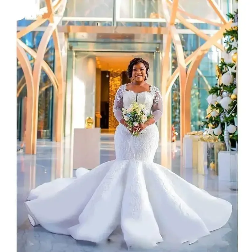 Vestidos de novia con cuello cuadrado africano personalizados, vestidos de novia de encaje de manga larga de sirena con cuentas de cristal ostentoso, Iglesia Real