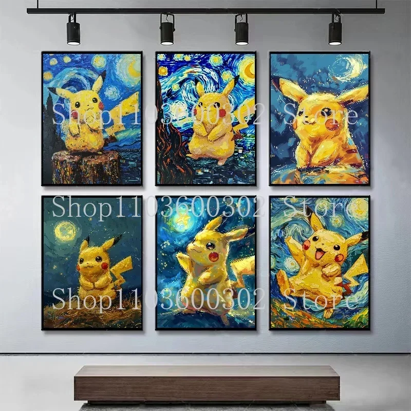 New Van Gogh Museum Pokemon Anime Figures Pikachu Watercolor Painting Canvas Posters and Prints Wall Art Picture for Living Room