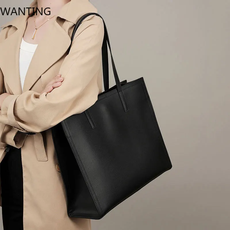 

100% Cowhide Women's Tote Bag Luxury Designer Large Capacity Shoulder Bags Genuine Leather Business Duty Simple Female Handbags