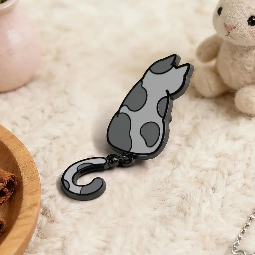 Cute Calico Cat Hook Enamel Brooch Cartoon Kitty Tail Pendant Lapel Pin Kawaii Animal Badge For Clothes Bag Decoration