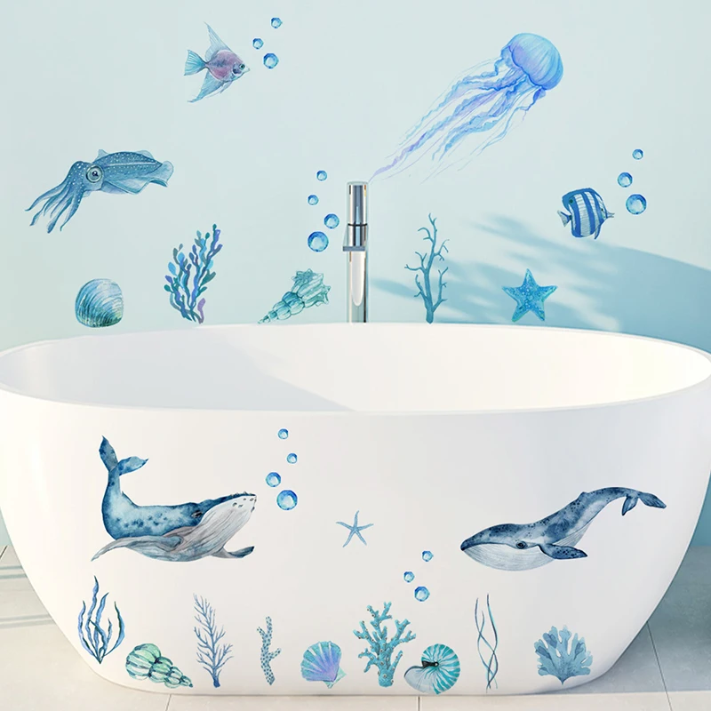 T839#Underwater Animals, Seaweed, Jellyfish, Bubble Wall Stickers, Bathtub Stickers, Background Wall, Bathroom Wall Stickers