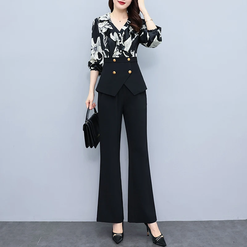 Women Patchwork Print Oversize Pants Sets 2024 New Spring Autumn Clothes Fashion V-Neck Chiffon Slim Female Pantsuits Outfits