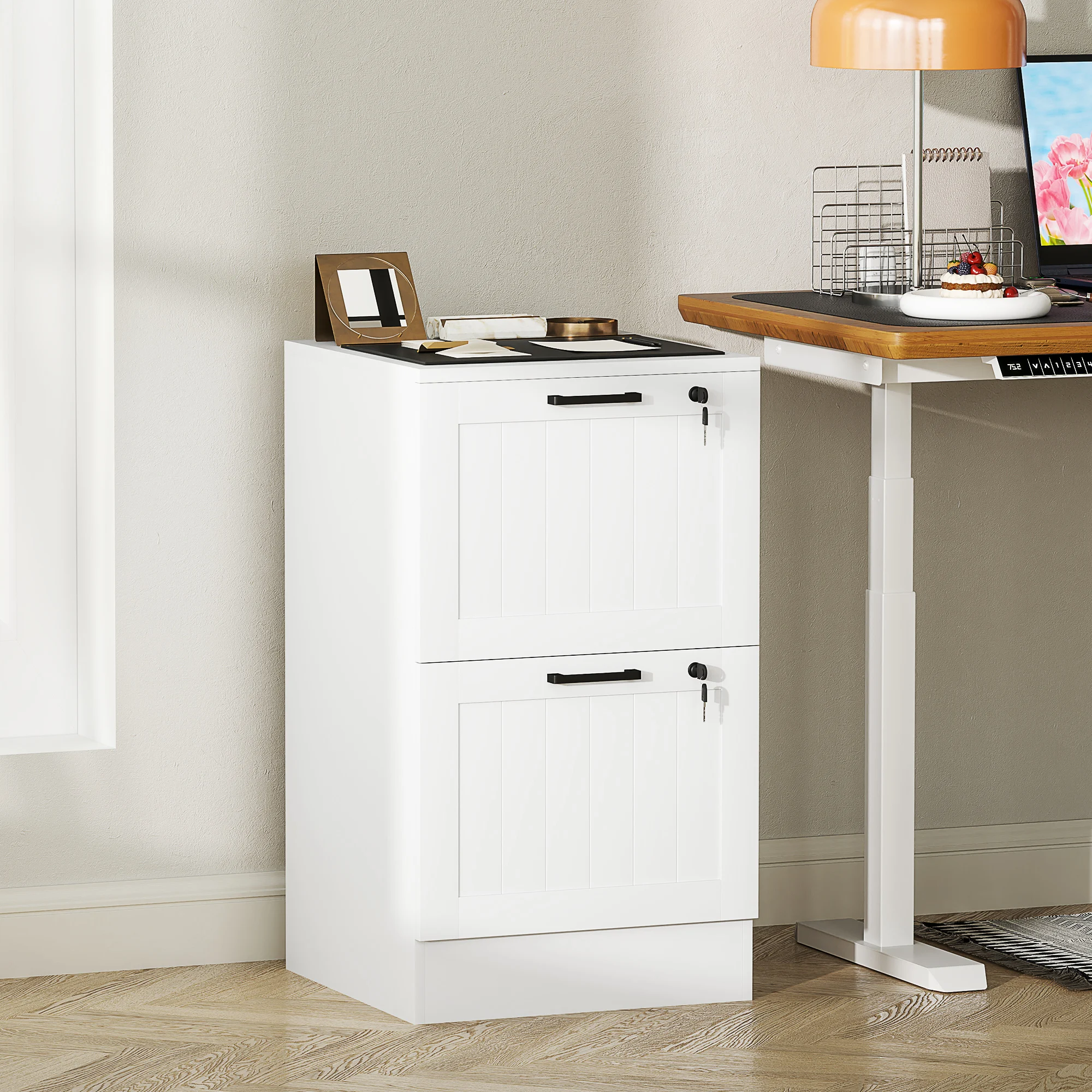 HOMCOM Caisson bureau, meuble rangement bois 2 tiroirs et serrure, barres de suspension réglables, 40 x 40 x 71 cm, blanc