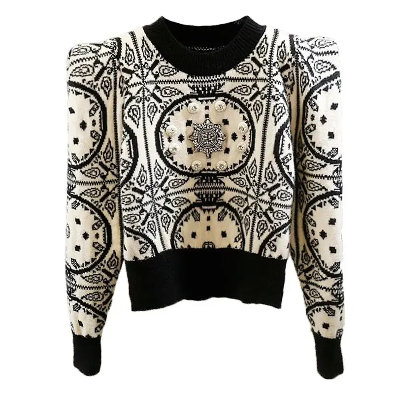 Autumn Winter Vintage Bright Line Decoration Knitting Top Tee Women Clothing Trend Patchwork Printing Pullover O-neck Knitwear