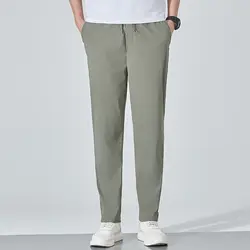 Simplicity Fashion Summer New Straight Pants Men Solid Ice Silk Thin Elastic High Waist Drawstring Pockets Loose Casual Trousers