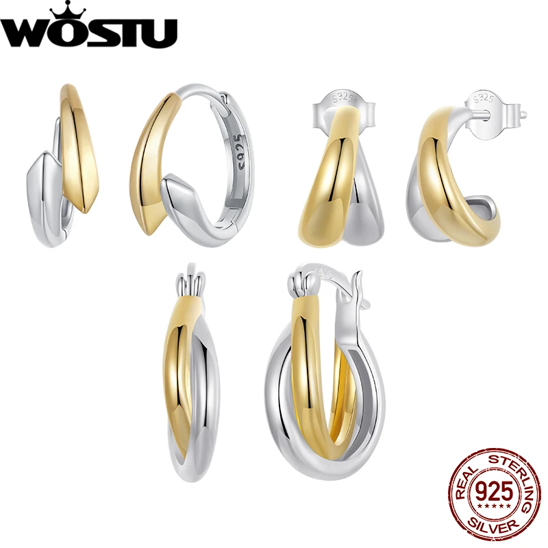 WOSTU 925 Sterling Silver Two-tone Hoop Earrings Ear Studs Gold Plated Earrings For Girl Women Fine Jewelry Party Daily Gift