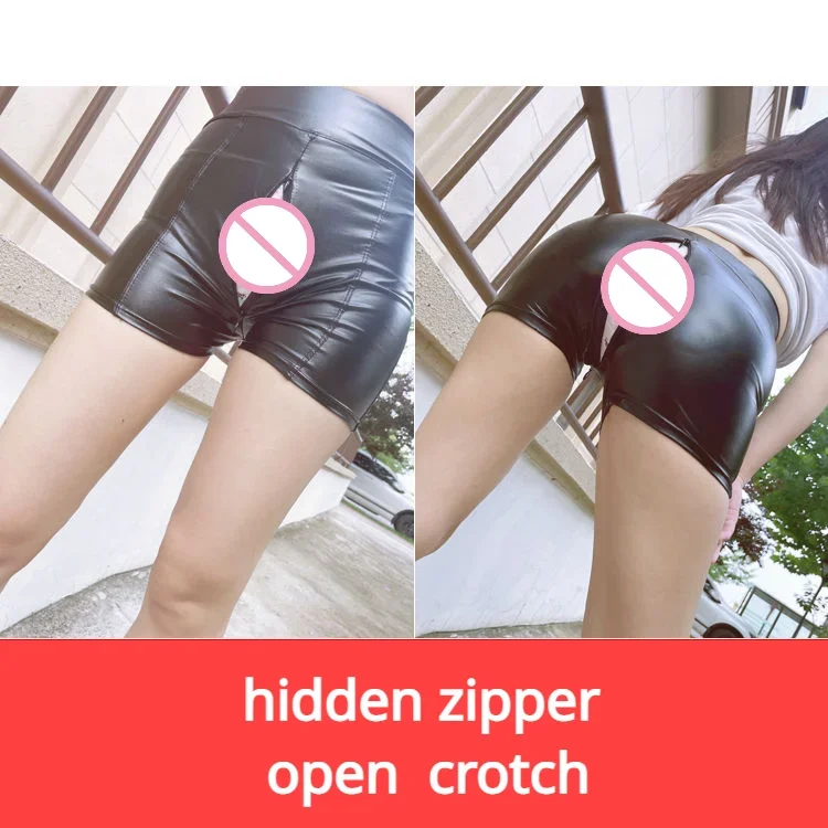 Calça sexy de PU aberta para mulheres, shorts de couro, sexo ao ar livre, zíperes escondidos, calcinha crotchless adulta, mini calças exóticas para menina