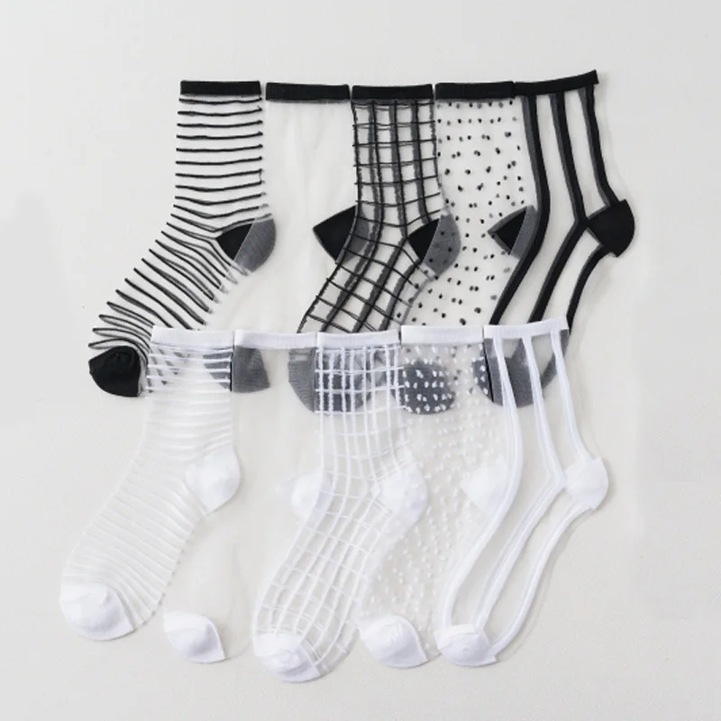 

5 pairs Women Ladies Socks Fashion Sheer Mesh Glass Silk Socks Ultrathin Transparent Crystal Lace Fabulous Elastic Summer Ankle