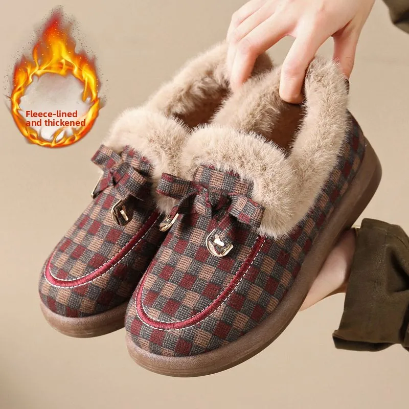

Warm Fleece Lined Comfortable Slip-On Winter Booties Beijing Style Thick Bottom Snow Boots Anti-Slip Cotton Shoes for Mom