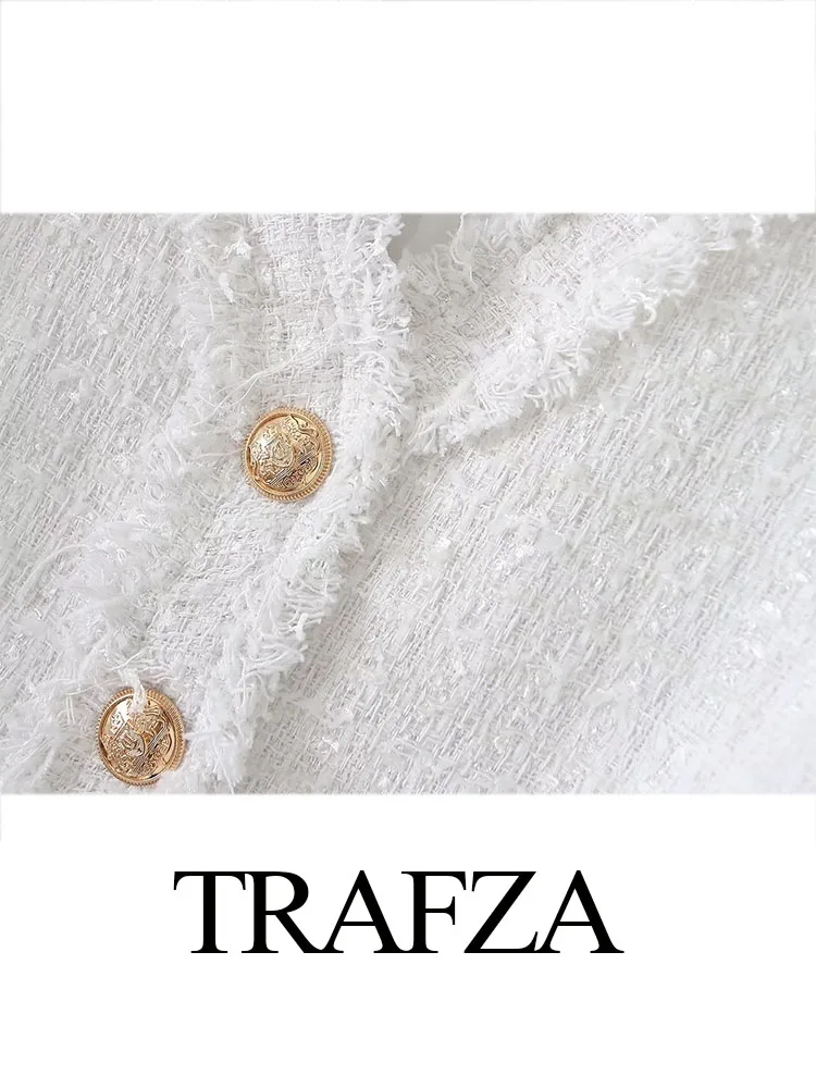 Trafza เสื้อกั๊กคอวีสีขาวสำหรับผู้หญิง, แจ็คเก็ตแขนกุดกระดุมแถวเดียวซิปข้างชุดสูทสองชิ้น ROK high waist