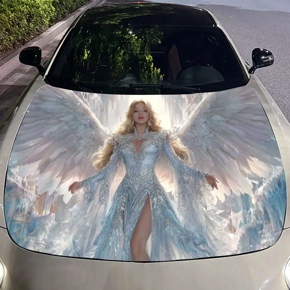 [بناء متين] ملصقات غطاء محرك السيارة الملاك المجنح - مقاومة للخدش، مادة PVC مقاومة للطقس، سهلة الالتصاق، إضافة ب