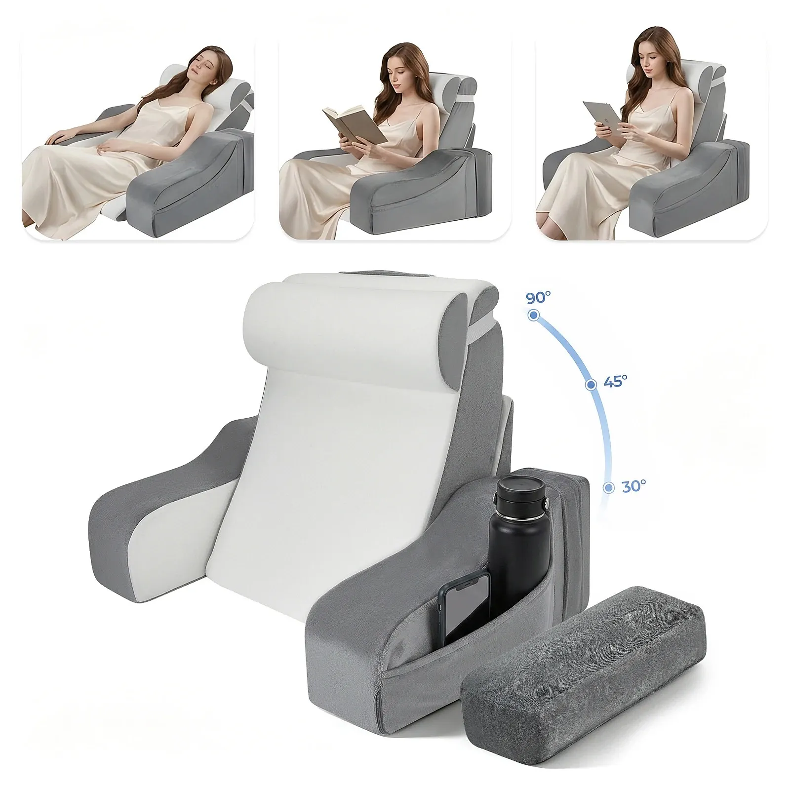 Reading Pillow With 30-90° Adjustable Angle Height, 2 In 1 Back Wedge Pillow For Bed Sitting Up With Detachable Arms Rest