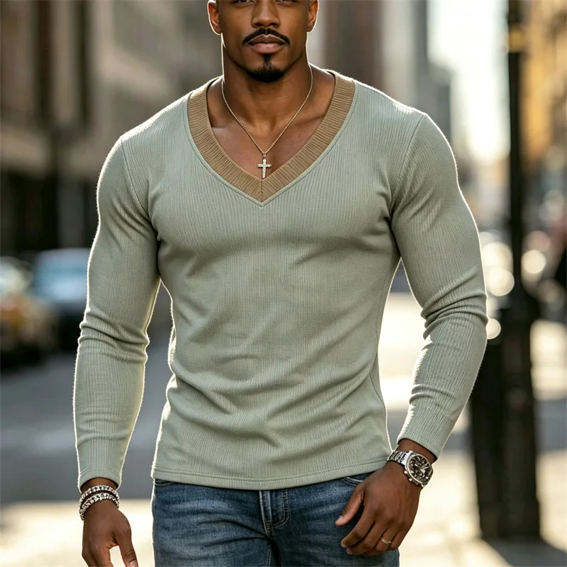 Camisetas Masculinas Slim com Decote em V, Manga Longa, Moda Casual para Outono e Inverno, Tops para Treino Diário