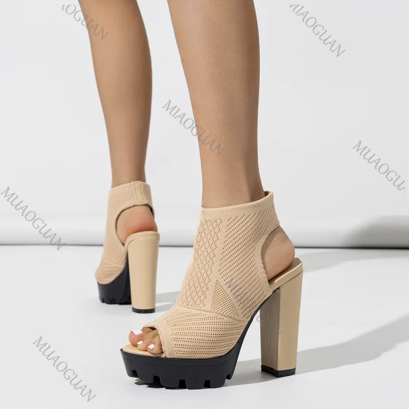 Summer New Women's Heels Shoes  Knitted Breathable Block Heel Sandals Fashion Comfortable Open Toe Party Elegant Heeled Pumps view 2