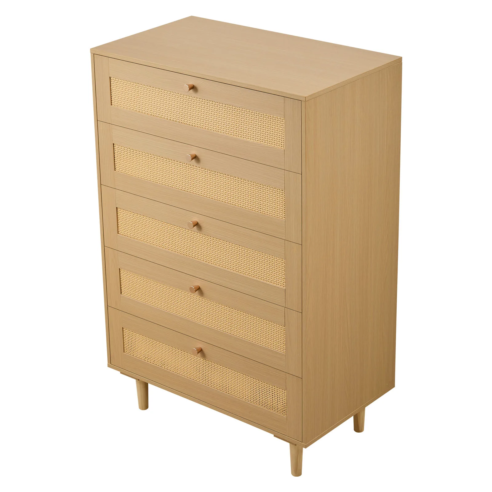 5 Drawer Rattan Dresser, Modern Closet Dresser for Bedroom, Natural Rattan Chest of Drawers with Metal Handles & Wooden Legs, Chest Clothing Organizer & Storage for Bedroom, Living Room, Hallway
