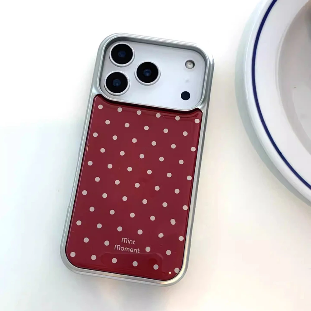 

Vintage Full Screen Polka Dot Wine Red Case for iPhone 17 16 15 14 17Pro Max 13 Electroplated Edge Drop Glue Shockproof Cover