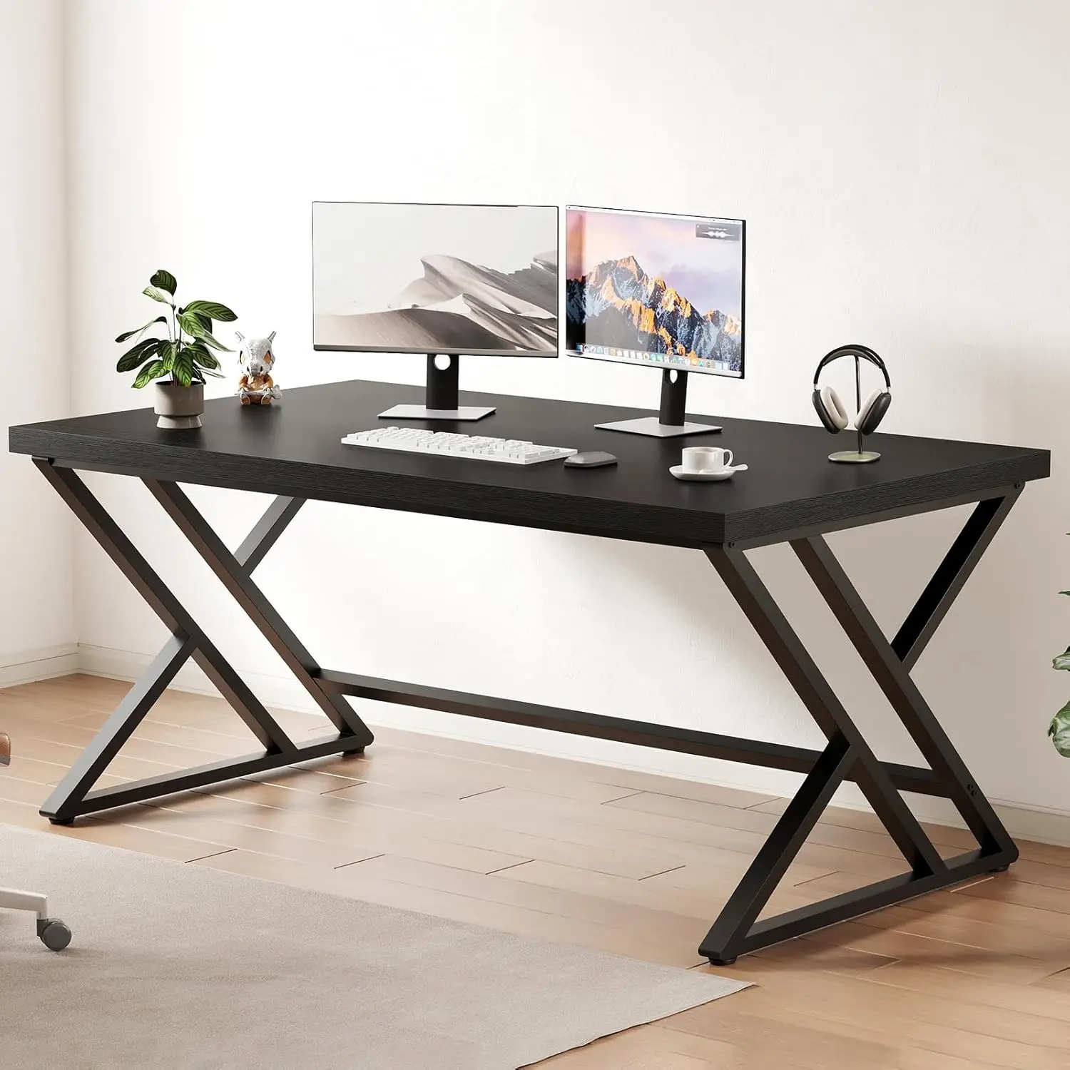 

Black Gaming Desk, 47' Modern Computer Desk for Home Office, Metal Wood Study Workstation, Black Oak
