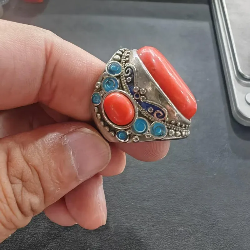 Retro-Orientalischer Cloisonné-Emaille-Ring Unisex mit mehrfarbiger roter Steinintarsie, antikes Tribal-Dekor, Fingerschmuck für Männer und Frauen – Detail 4