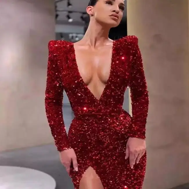 Sexy One Shoulder Long Sleeve Dress Women's Elegant V-Neck Gown Floor-Length Evening Dress for Company Annual Party Performance