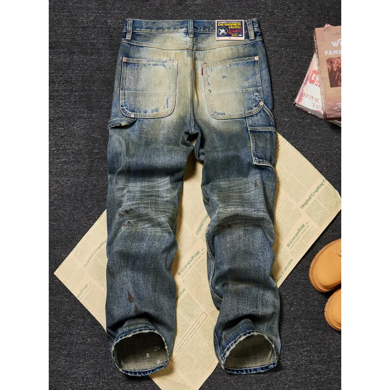 Men's American Vintage Heavyweight Ripped Jeans Loose Straight Wide Leg Yellow Mud Wash Distressed Streetwear Pants