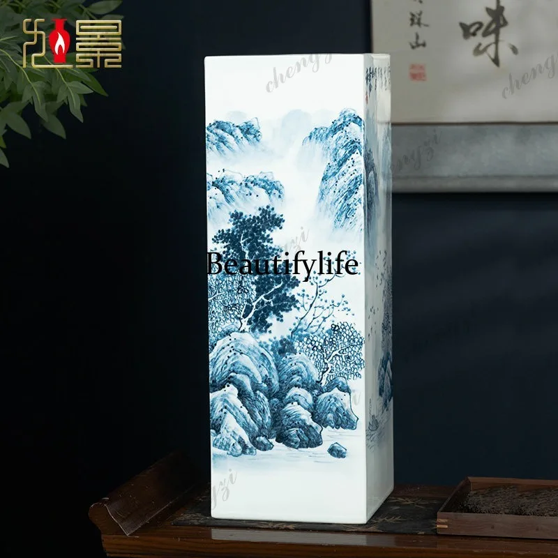 Jingdezhen ceramic vase master hand-painted painting and calligraphy scroll cylinder storage living room study floor ornament