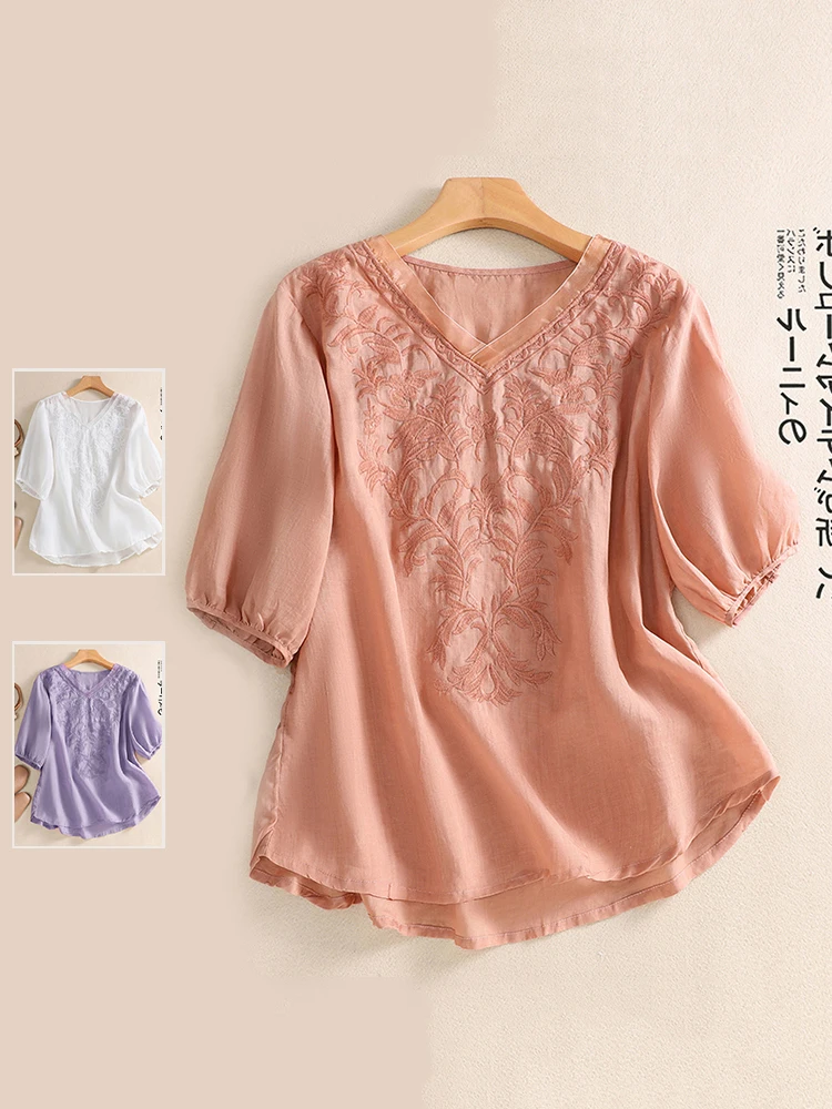 

Женская летняя хлопково-льняная футболка больших размеров с вышивкой ort Sve V-Ne, утягивающий асимметричный льняной топ, тонкий наряд