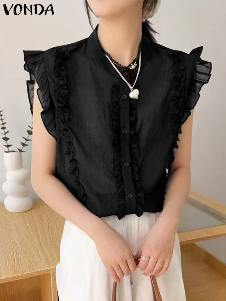 

VONDA Korean Shirts Women Short Sleeve Ruffled Blouses 2025 Fashion Buttons Solid Color Tunic Tops Casual Elegant Sweet Blusas