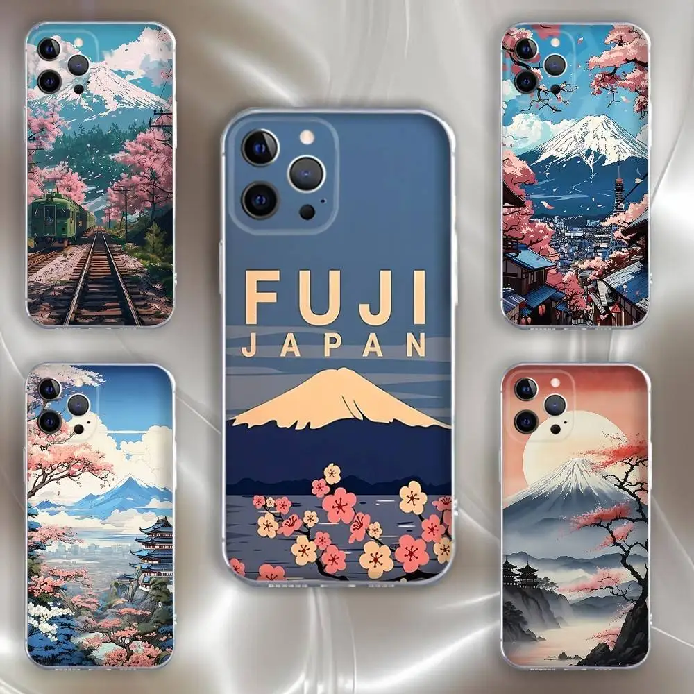 

Japan Mount Fuji Cherry blossom Phone Case For iPhone 16,15,14,13,12,11 Pro,Max,Plus,X,XS,XR,SE,Mini Transparent Silicone Soft